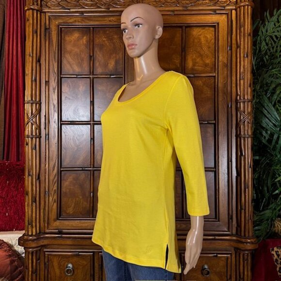 NWOT Isaac Mizrahi Live! Yellow Pima Cotton 3/4 Sleeve Side Slit Scoop Neck Top - Picture 4 of 14